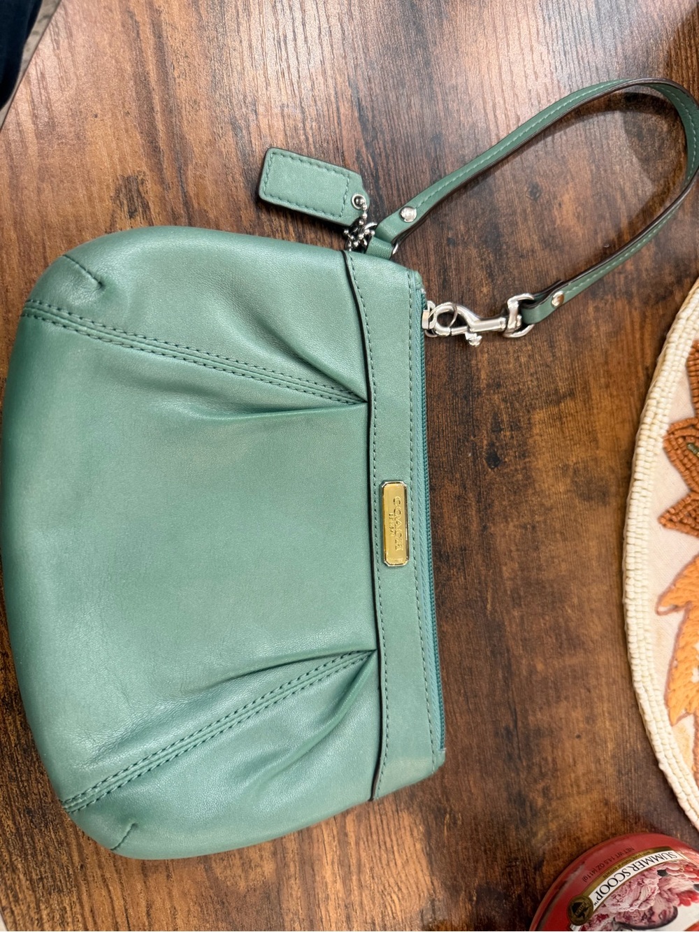 Coach Teal Green Leather Wristlet Clutch